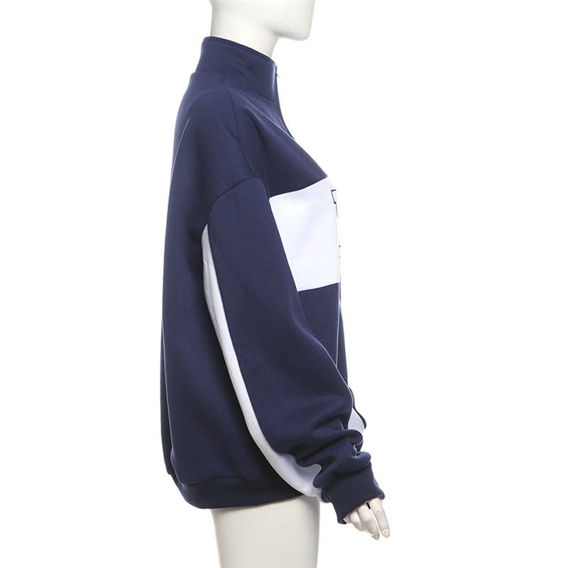 COLOR CONTRAST LETTER PRINT LOOSE CASUAL HOODIE