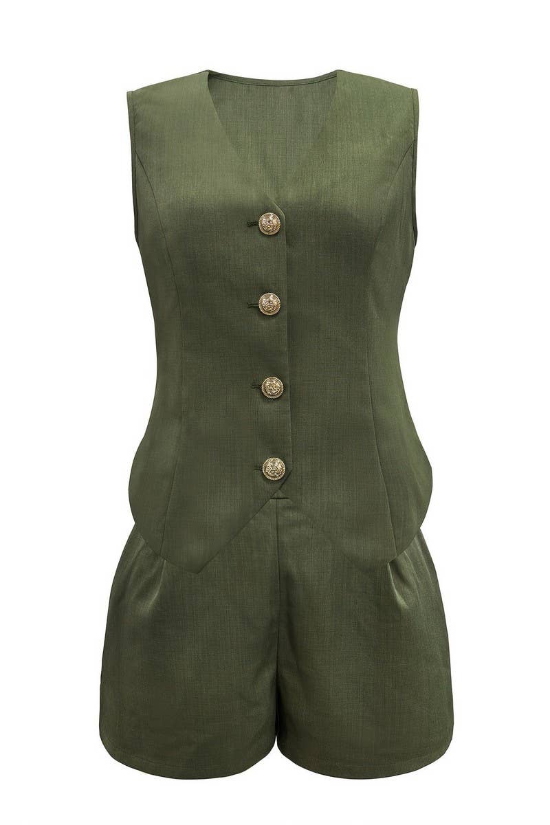CWSTB2136_SOLID V-NECK VEST & SHORTS TWO-PIECE SET
