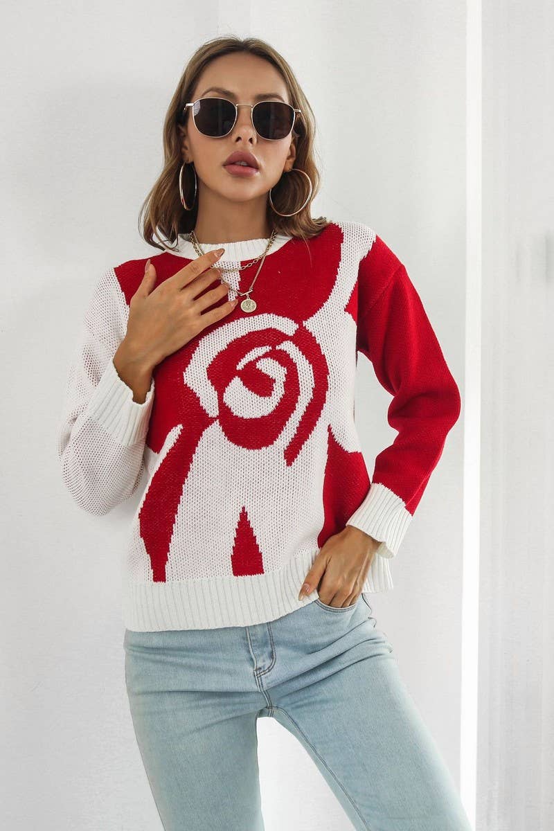 CWOSWL6863_CASUAL LOOSE FLORAL JACQUARD LONG SLEEVE SWEATER