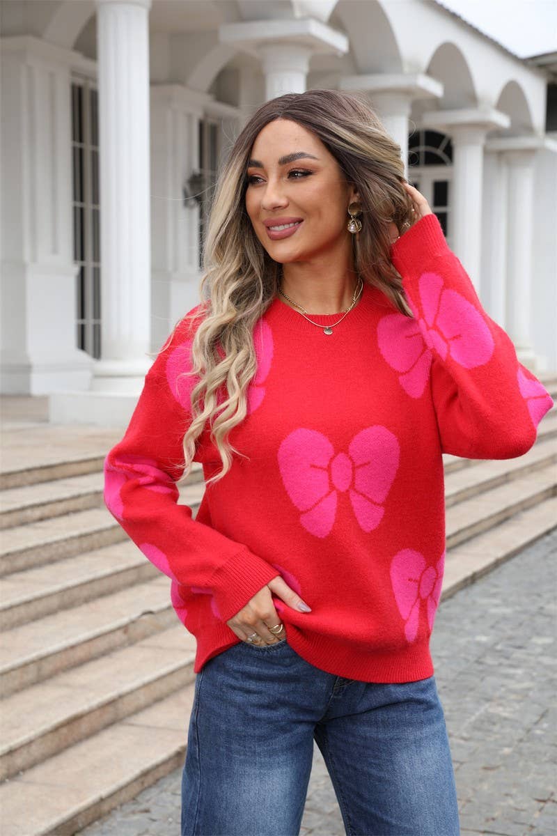 CWOSWL3068_BOW PRINT CREW NECK KNITTED SWEATER
