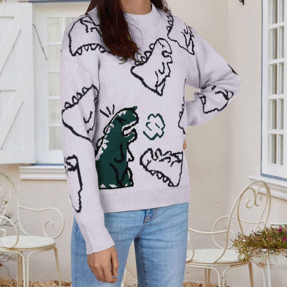CREW-NECK LOOSE CARTOON DINOSAUR SWEATER