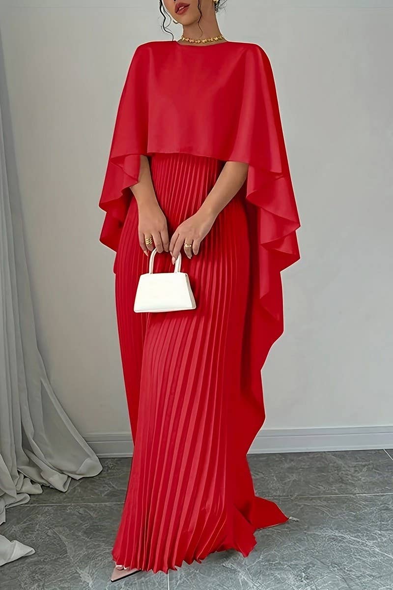 CWDMD6381_LOOSE BAT SLEEVE PLEATED IRREGULAR ELEGANT DRESS