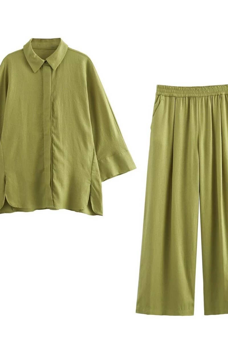 CWSTB1430_LOOSE LINEN SHIRT ELASTIC STRAIGHT TROUSERS SET