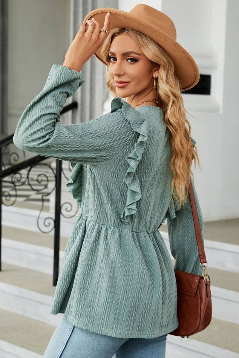 CWTBLL2827_AUTUMN LONG SLEEVE SOLID COLOR PLEATED TOP