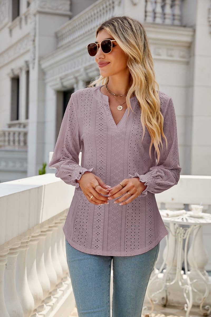 CWTBLL2407_V-NECK HOLLOW PLEATED LOTUS LEAF SLEEVE TOP