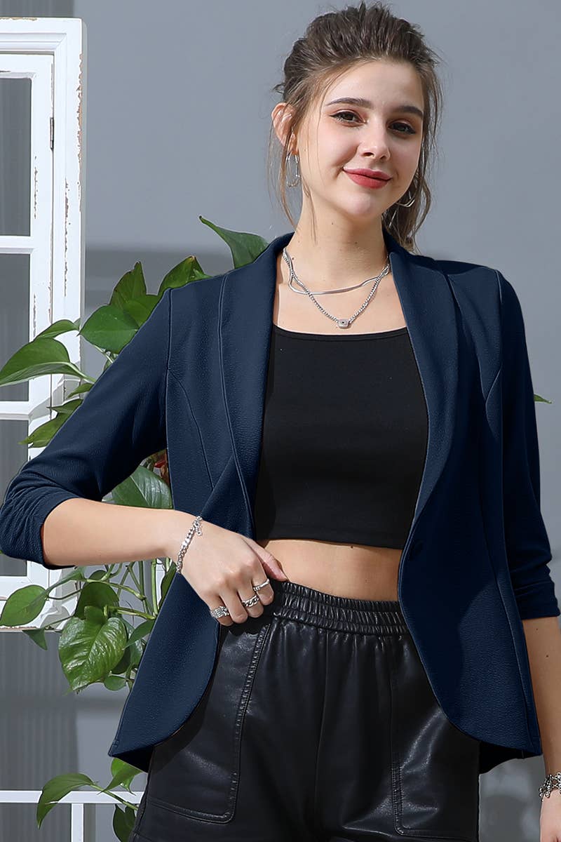 CWOBL106_3/4 SLEEVE WITH SHIRRING DETAILED OPEN BLAZER