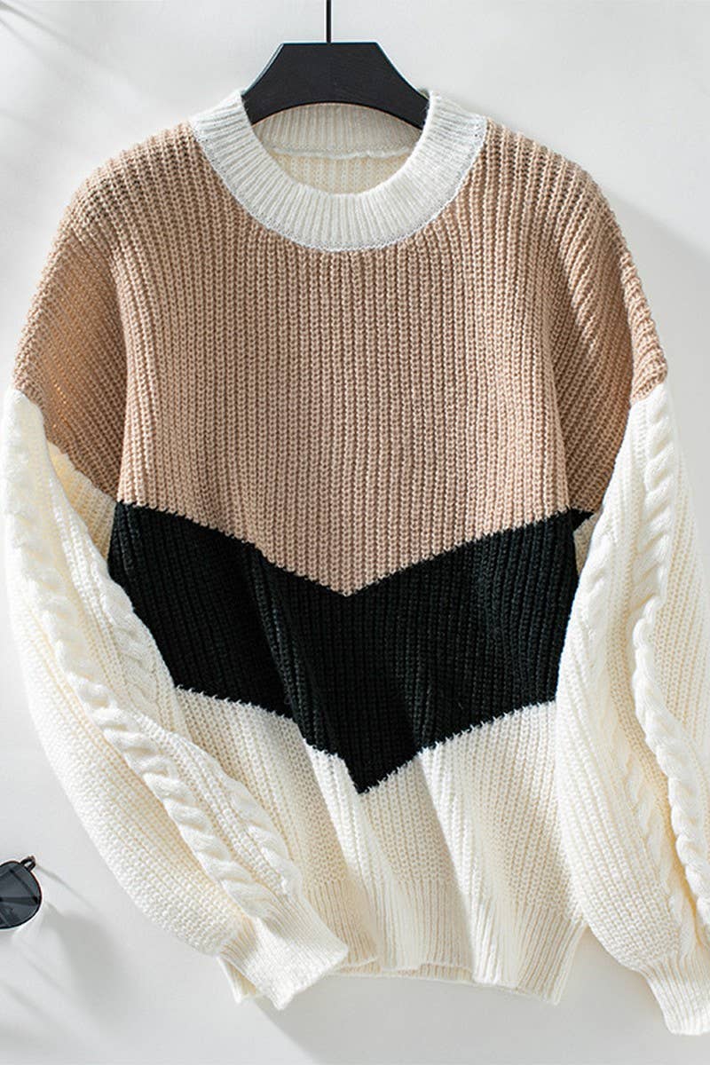 CWOSWL2877_CONTRAST CREW NECK LOOSE CABLE KNIT SWEATER
