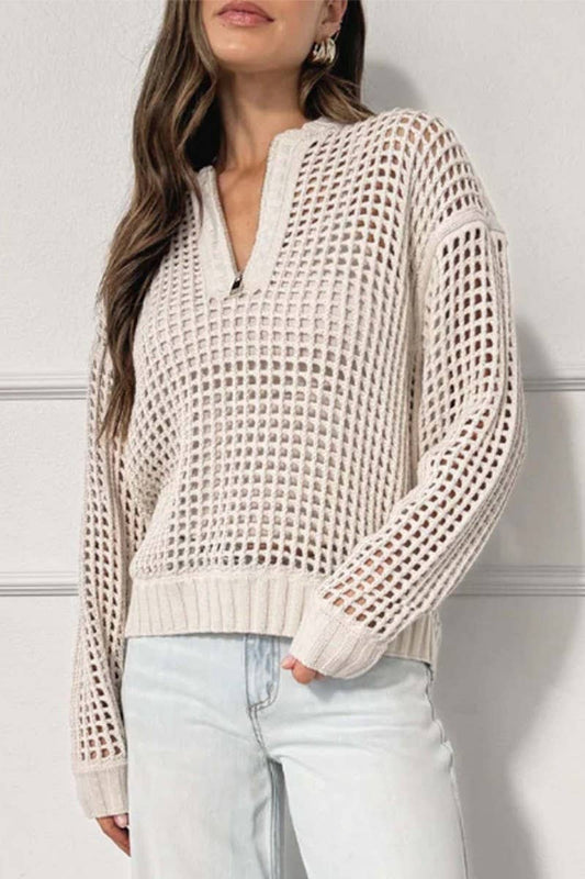 CWOSWL6869_TRENDY ZIP HALF COLLAR HOLLOW OUT KNIT SWEATER