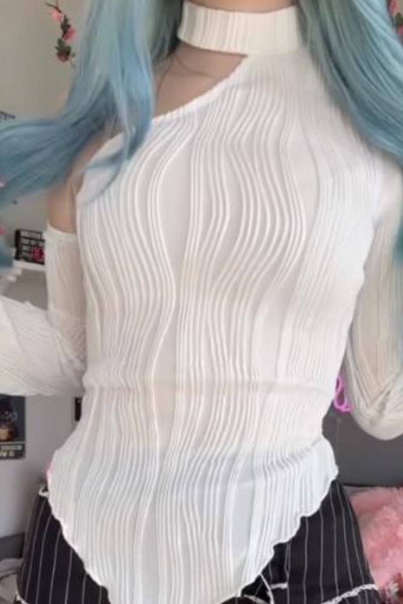 CWTBLL3441_STRIPED LONG SLEEVE SLANT COLLAR HALTER NECK TOP