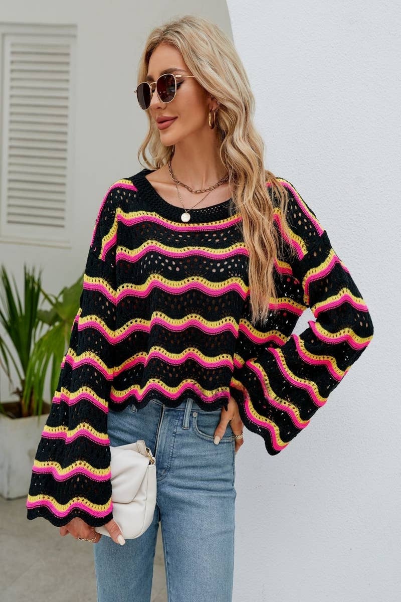 CWOSWL603 Flare Sleeved Round neck Hollowed Out Sweater