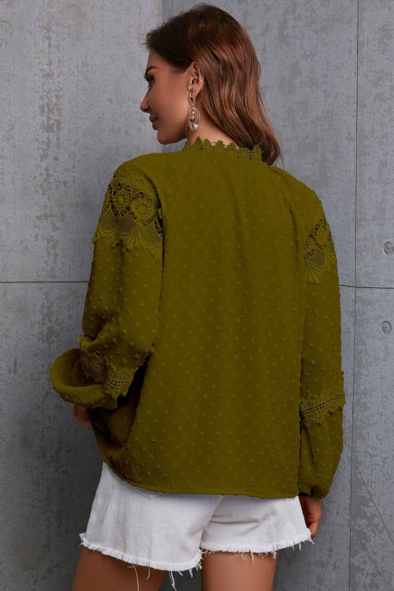 CWTBLL0831_CHIFFON HALF-NECK LACE PATCHWORK LONG-SLEEVED TOP