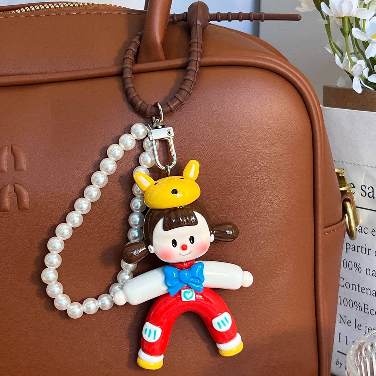 Cute Fox Hat Clay Pearl Chain Keychain Gift