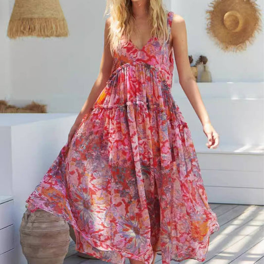 CASUAL LOOSE HOLIDAY CHIFFON PRINT HALTER DRESS