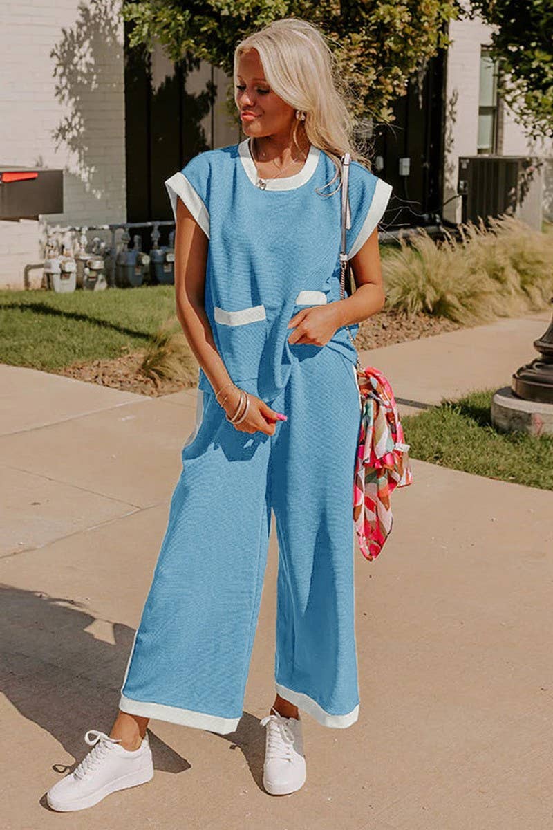 CWSTB1672_CONTRAST COLOR CREW NECK STRAIGHT PANTS SUIT