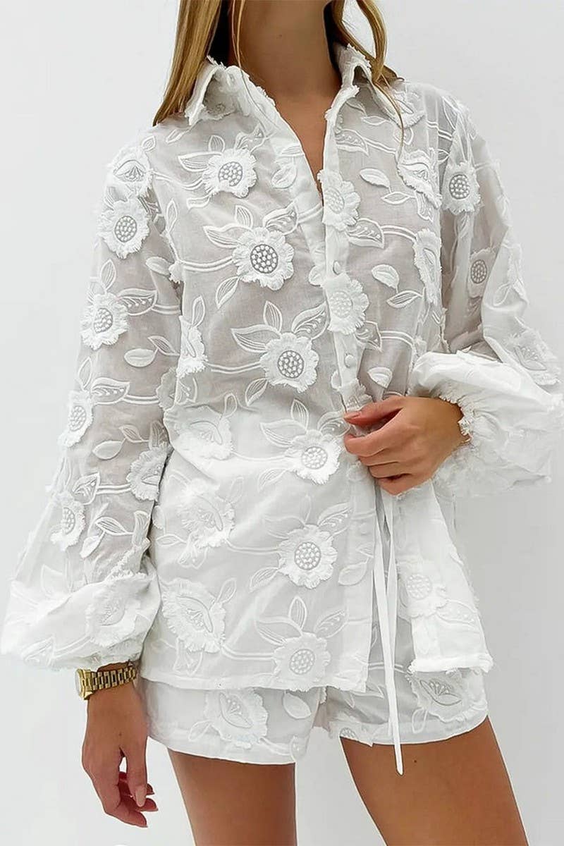 CWSTB1921_EMBROIDERED SHEER SHIRT & LACE SHORTS SET