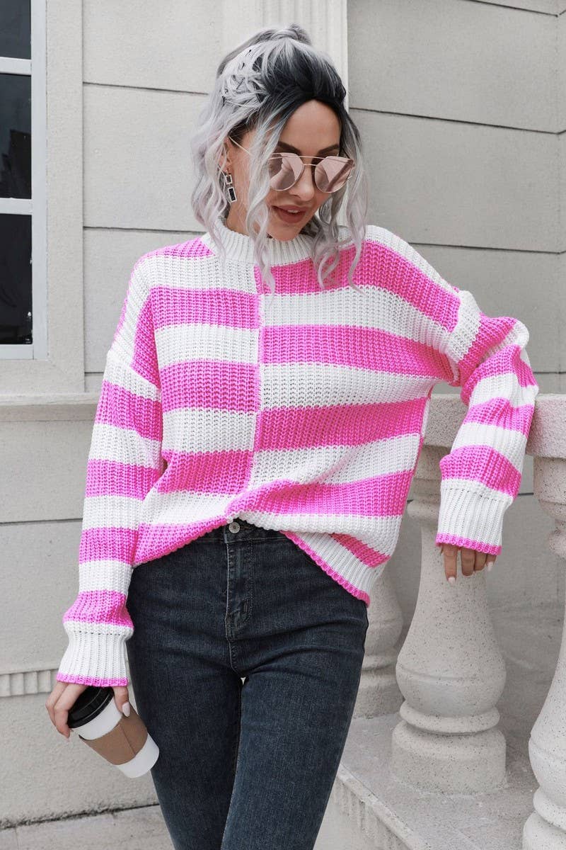 CWOSWL4084_STRIPED LONG-SLEEVED CREW NECK KNITTED SWEATER