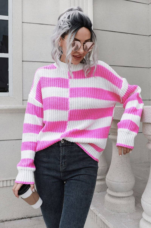 CWOSWL4084_STRIPED LONG-SLEEVED CREW NECK KNITTED SWEATER