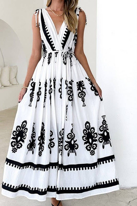 CWDMD6297_NEW SUMMER PRINTED V-NECK WAISTED DRESS