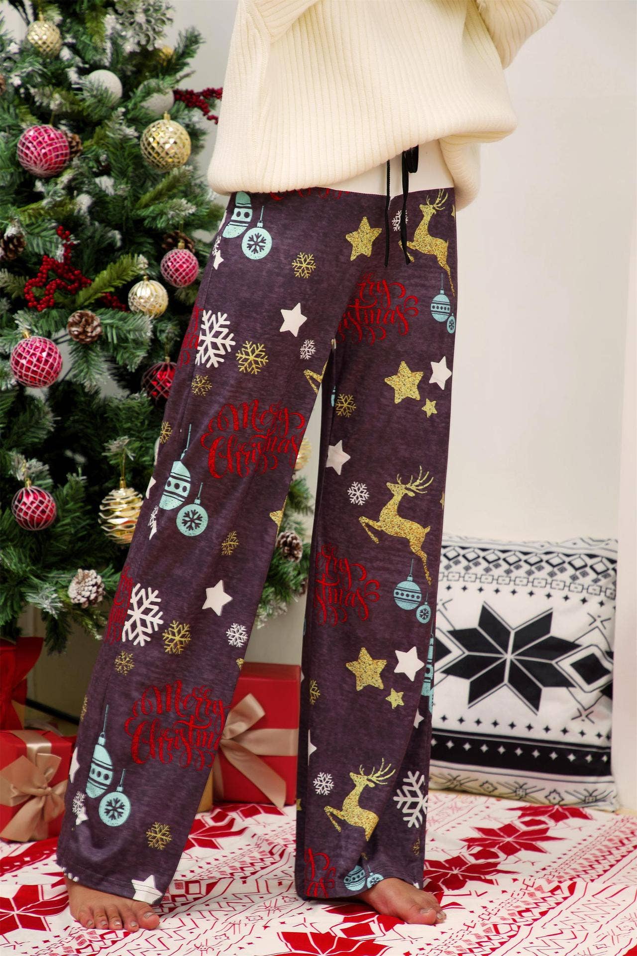 Christmas print patchwork lace-up wide-leg pants