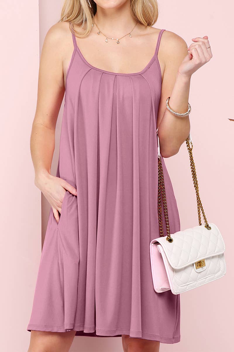 CWDSD10371-P_PLEATS DETAILED DRESS WITH POCKET AND STRAP