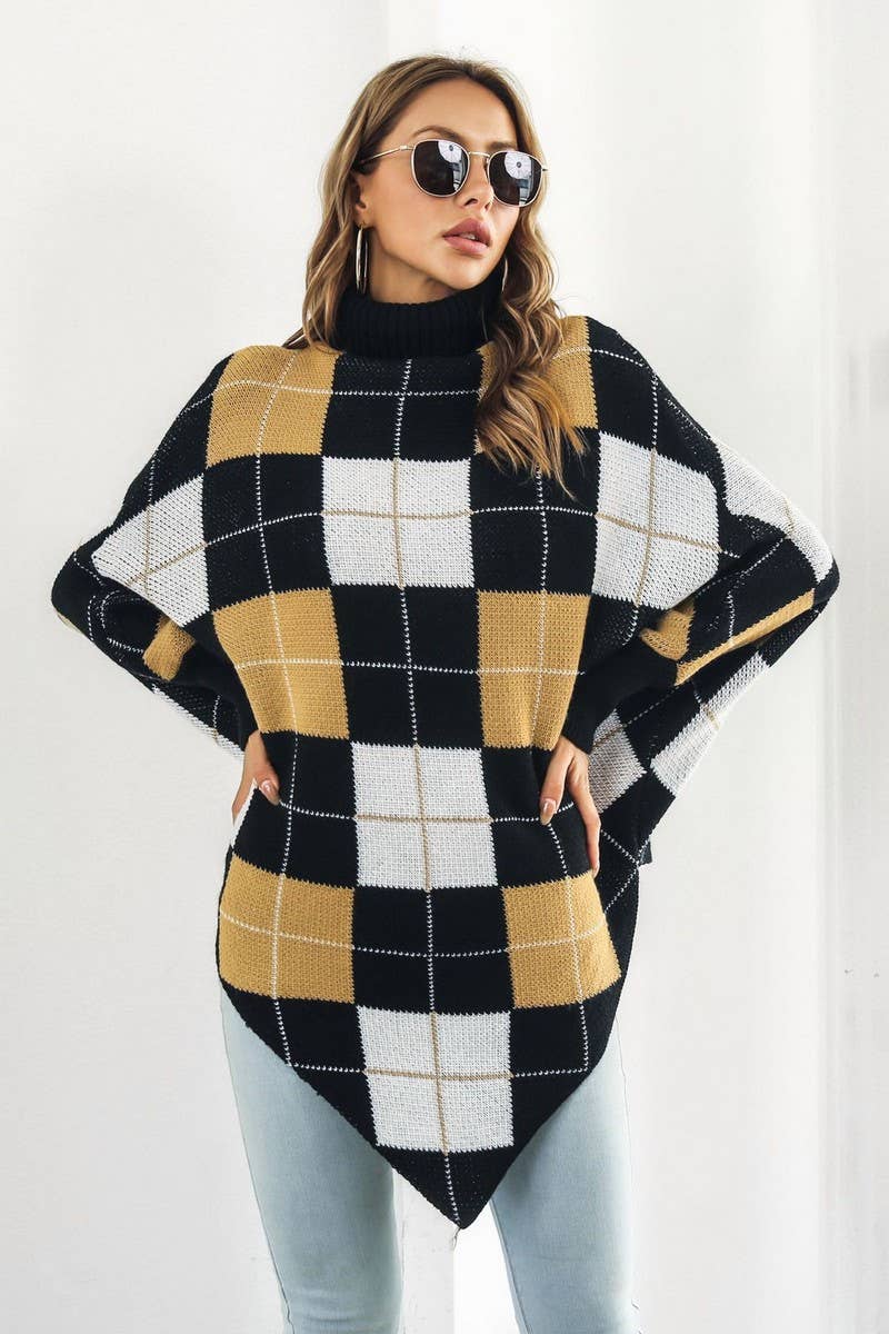 CWOSWL4078_PLAID JACQUARD CAPE MIDI HIGH NECK KNIT TOP