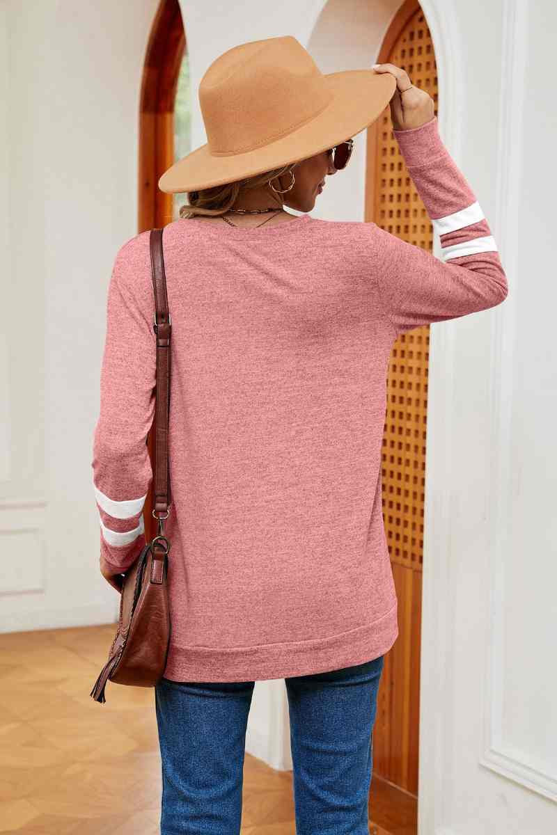 CWOSWL6552_V-NECK LONG SLEEVE STRIPED COLOR MATCHING TOP