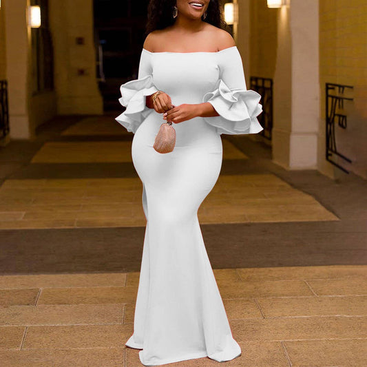 ONESHOULDER RUFFLE SLEEVE SLIMFIT DRESS WITH TRAIN_CWDMD3679