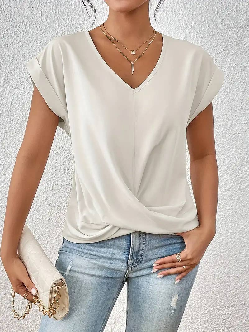 Elegant short-sleeved solid-color V-neck T-shirt