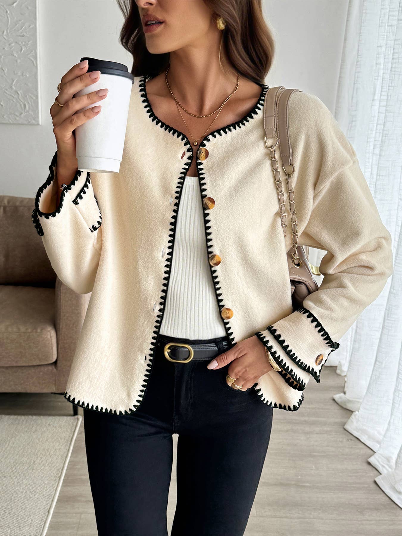 Casual line-patterned color-blocking cardigan