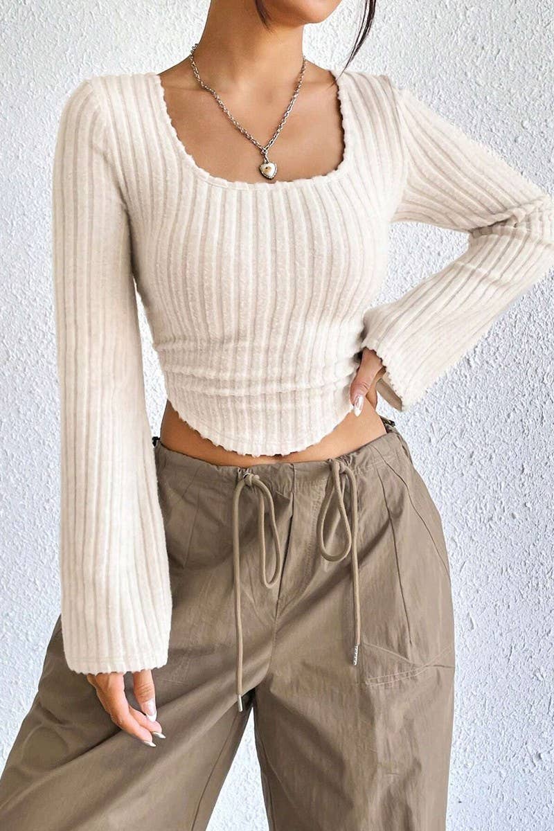 CWTBLL2747_SOLID COLOR SQUARE NECK FLARED LONG SLEEVE TOP