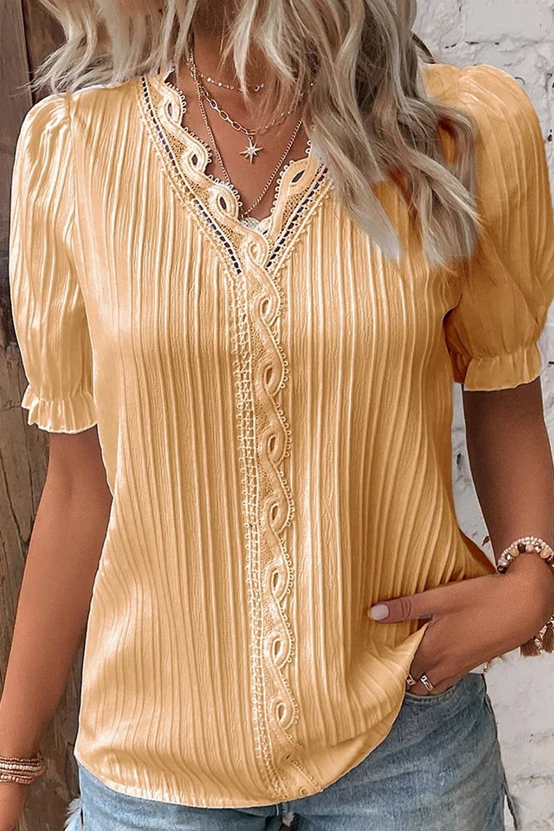 CWTBLS1468_SOLID COLOR V-NECK HOLLOW SHORT-SLEEVED SHIRT