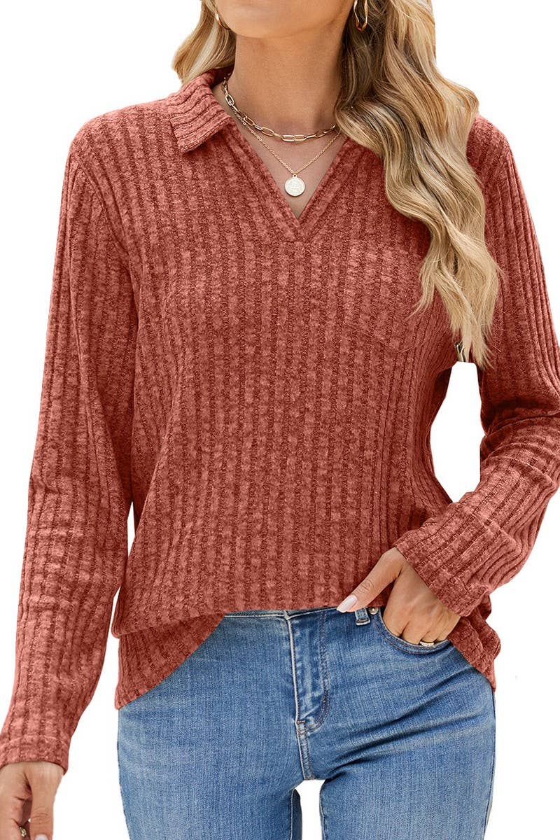 CWTBLL01314_RIBBED KNIT POLO LONG SLEEVE LOOSE TEE