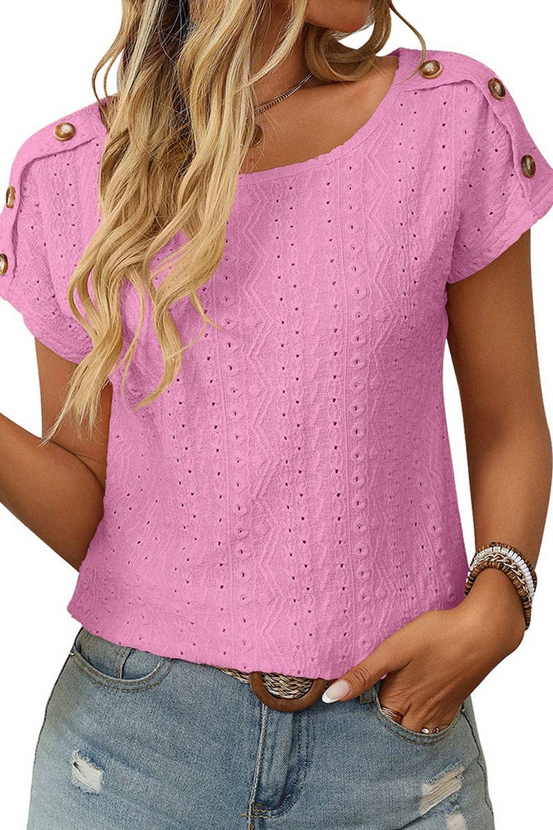 CWTBLS1709_ROUND NECK BUTTON SHORT SLEEVE CUTOUT TOP