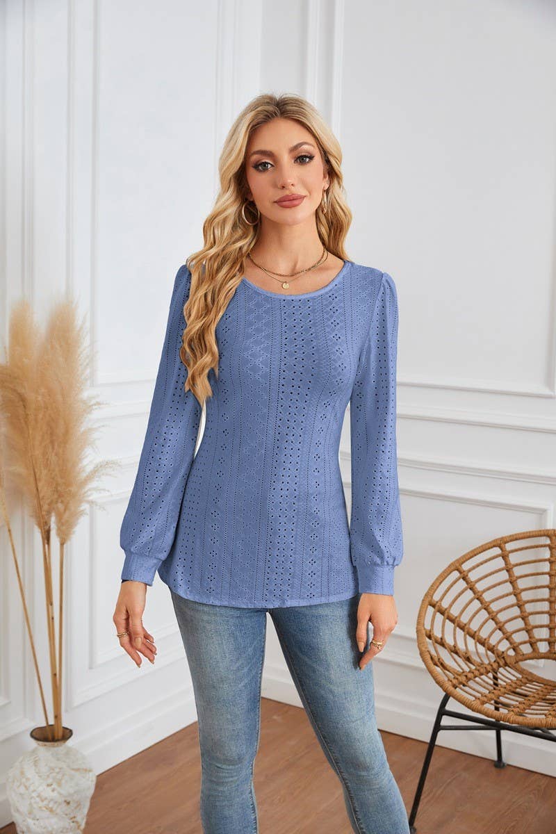 CWTBLL4098_ROUND NECK EYELET PUFF SLEEVE LONG SLEEVE T-SHIRT
