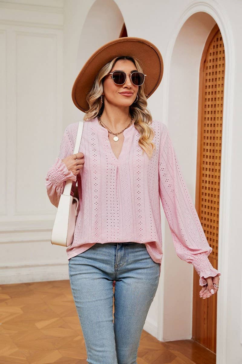 CWTBLL2377_SOLID COLOR V-NECK LOOSE LONG-SLEEVED PULLOVER