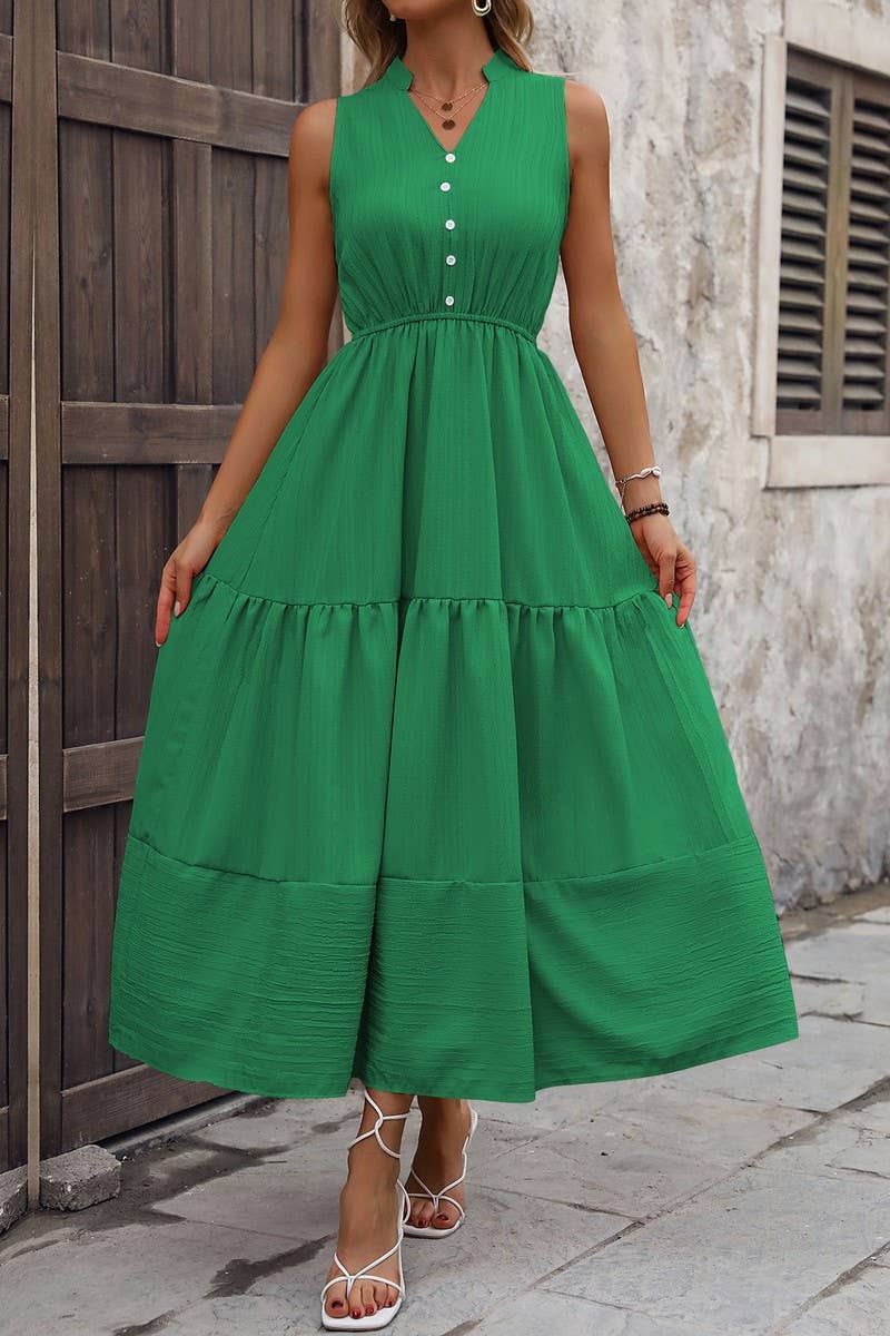 CWDMD5280_V-NECK SOLID SLEEVELESS STAND COLLAR A-LINE DRESS