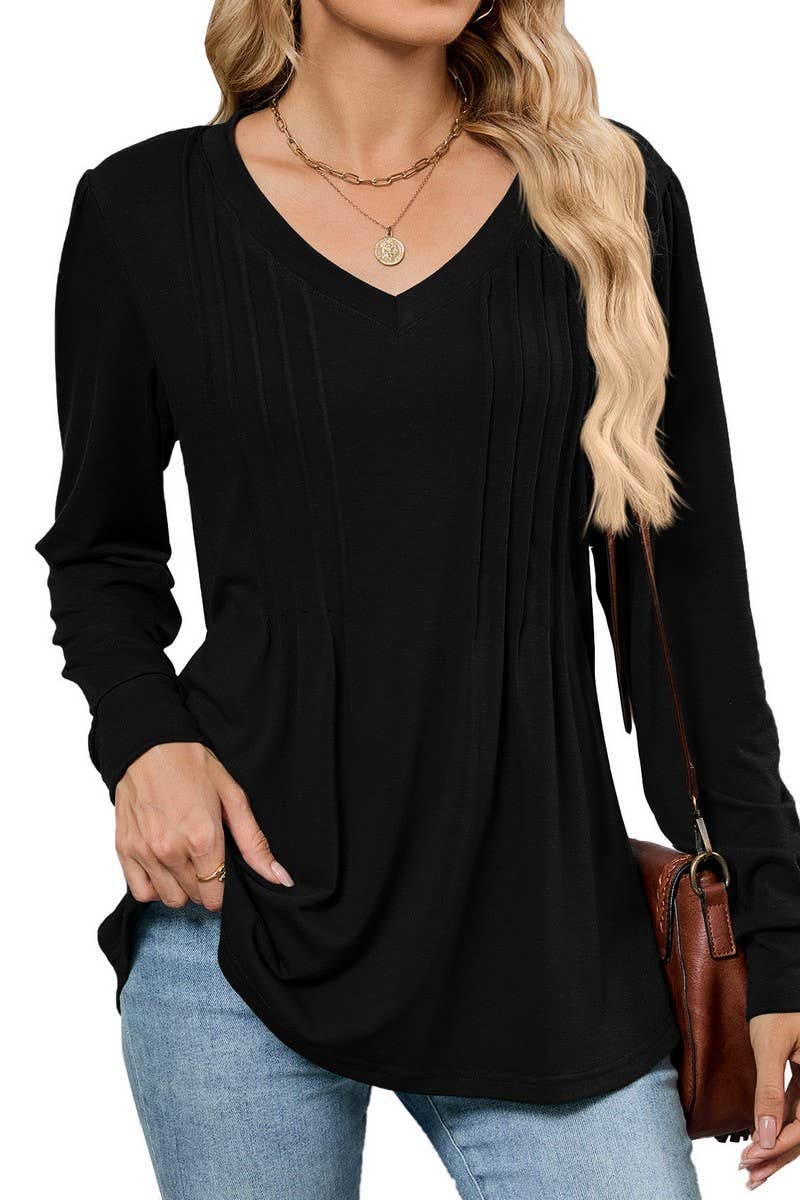 CWTBLL01306_V NECK RIBBED SOLID LONG SLEEVE CASUAL TEE