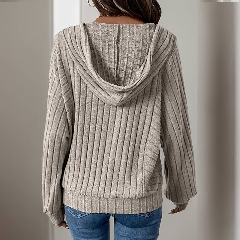 Casual striped hooded solid-color knitted top