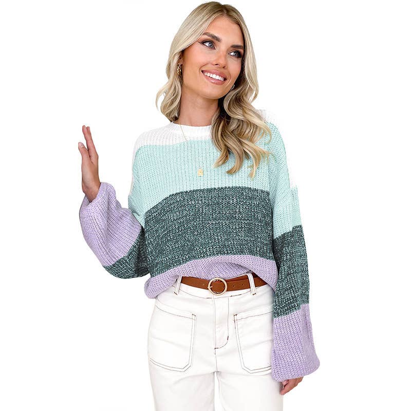 COLOR CONTRAST PATCHWORK LOOSE CREW NECK SWEATER