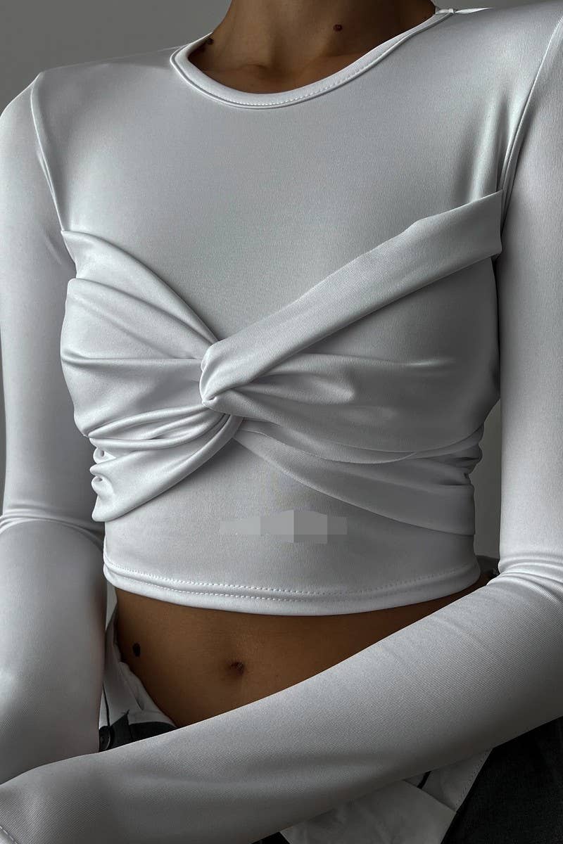 CWTBLL3437_SOLID COLOR TWISTED PLEATED LONG SLEEVE TOP