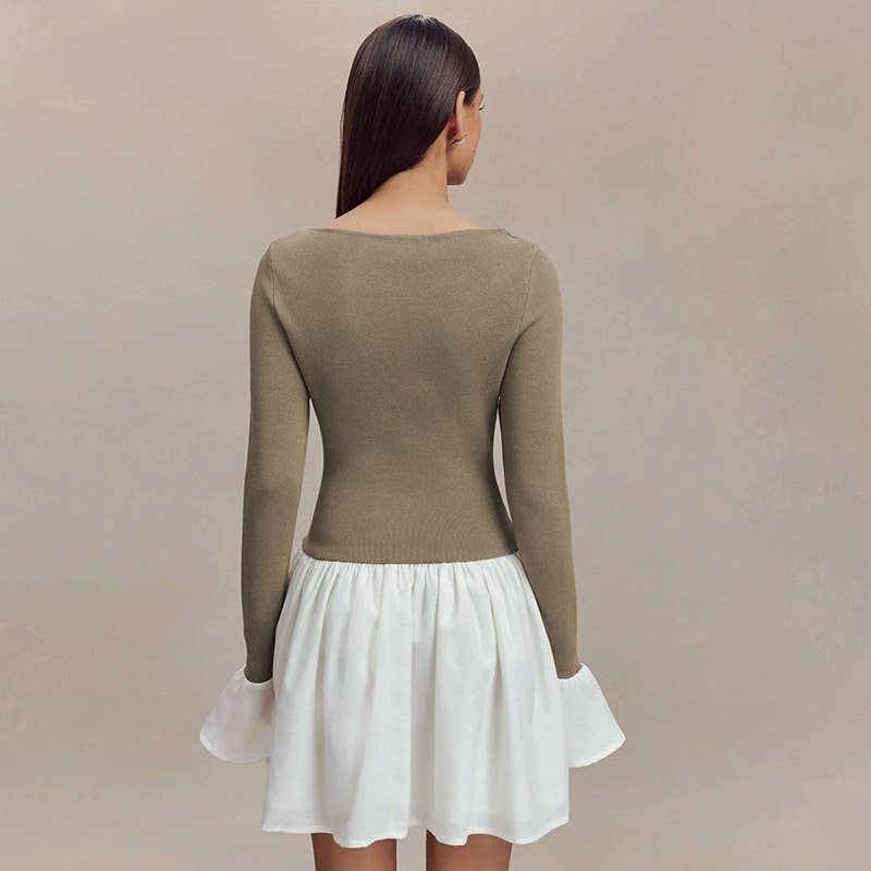 COLOR CONTRAST SPLICING SEXY LONG SLEEVE DRESS