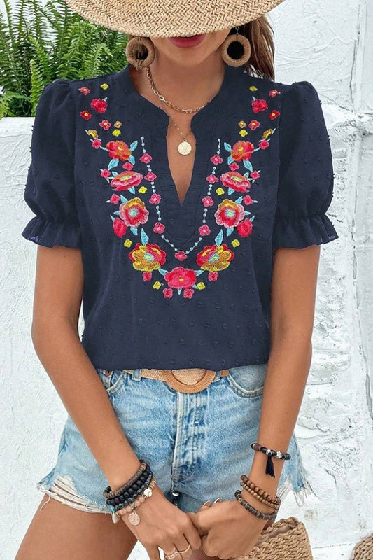 CWTBLS2270_V-NECK FLORAL EMBROIDERED PUFF SLEEVE CHIFFON TOP