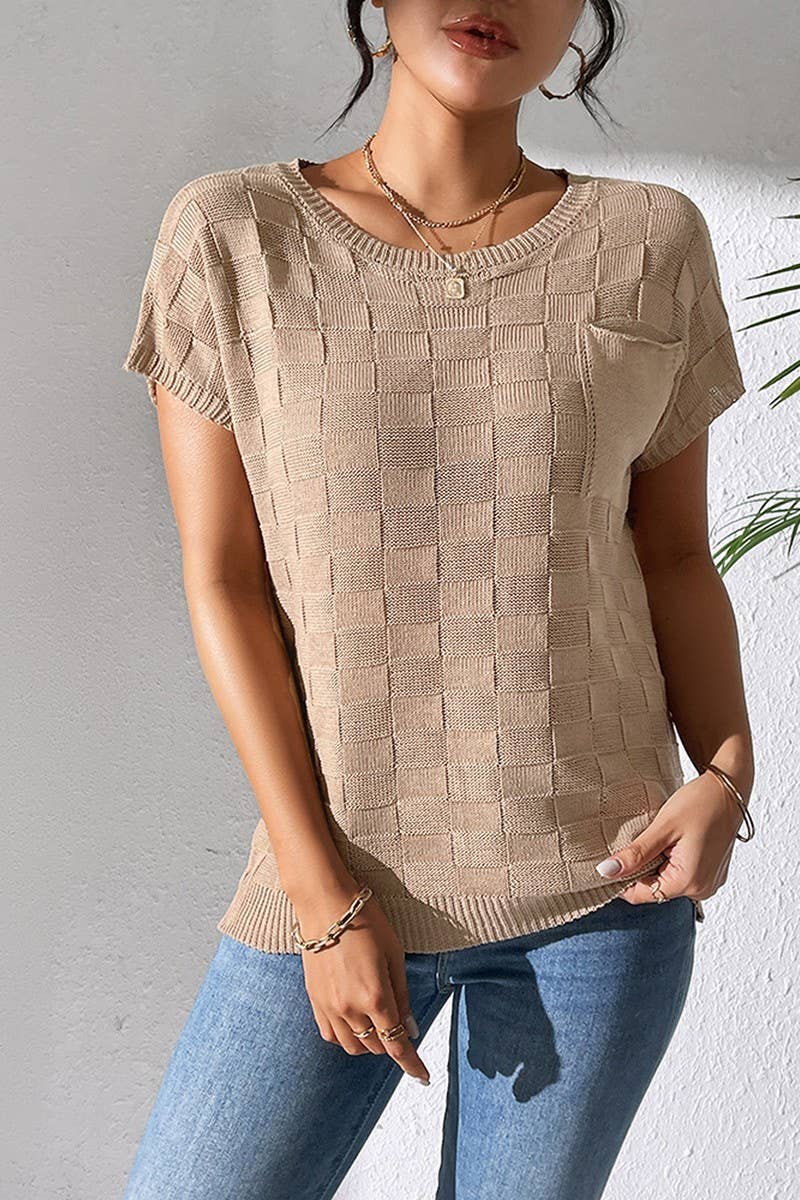 CWOSWS0086_SOLID COLOR LOOSE KNIT SHORT-SLEEVED TOP
