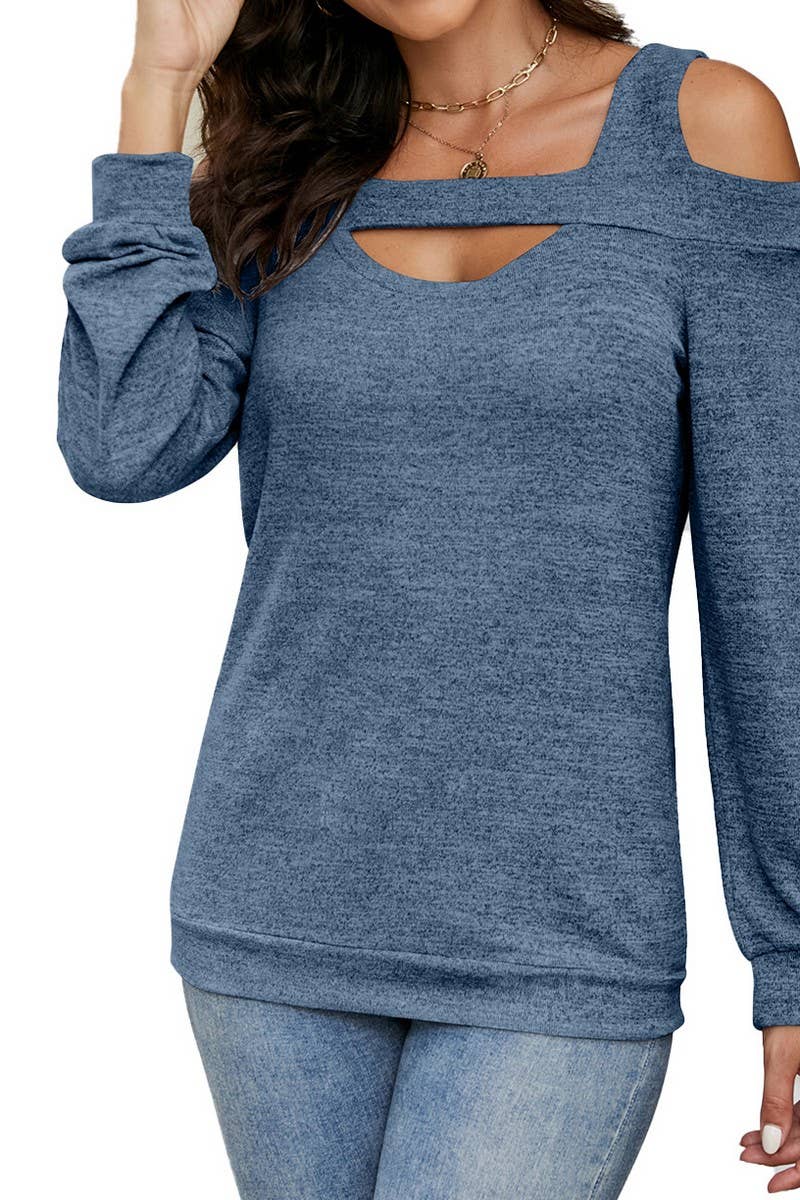 CWTBLL2373_OFF-SHOULDER HOLLOW SOLID COLOR LONG-SLEEVED TOP