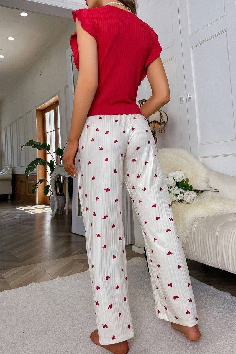 CWSPJ00493_HEART PRINT RUFFLED SLEEVE RIBBED LOUNGEWEAR SET