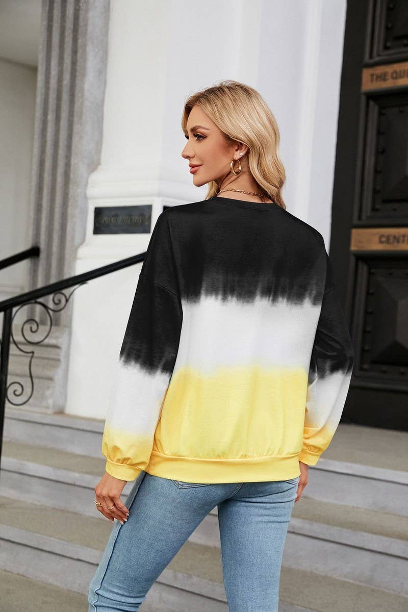CWTBLL2414_TIE-DYE CONTRAST COLOR CREW NECK LONG SLEEVE TOP