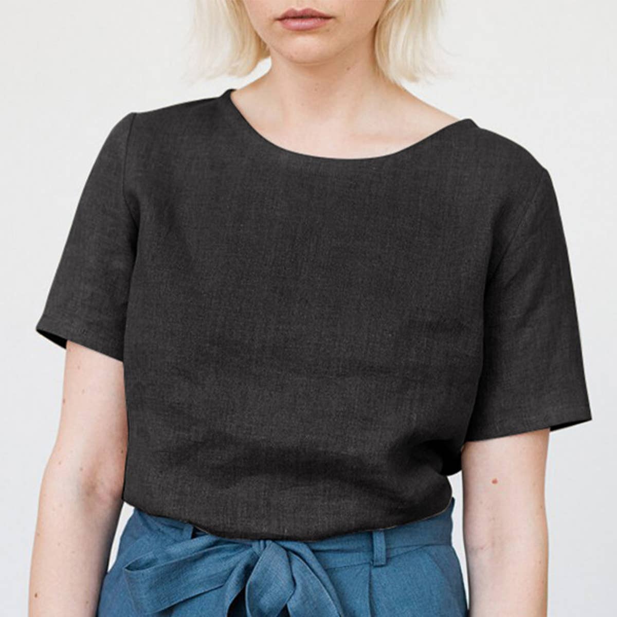 CREW-NECK CASUAL COTTON LINEN BLOUSE