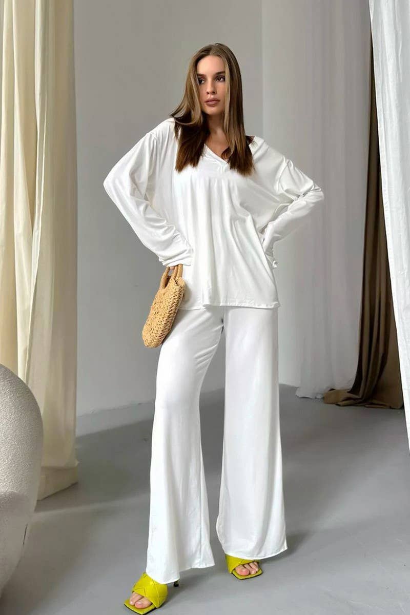 CWSPJ0322_KNITTED V-NECK LONG-SLEEVED TROUSERS PAJAMA SET