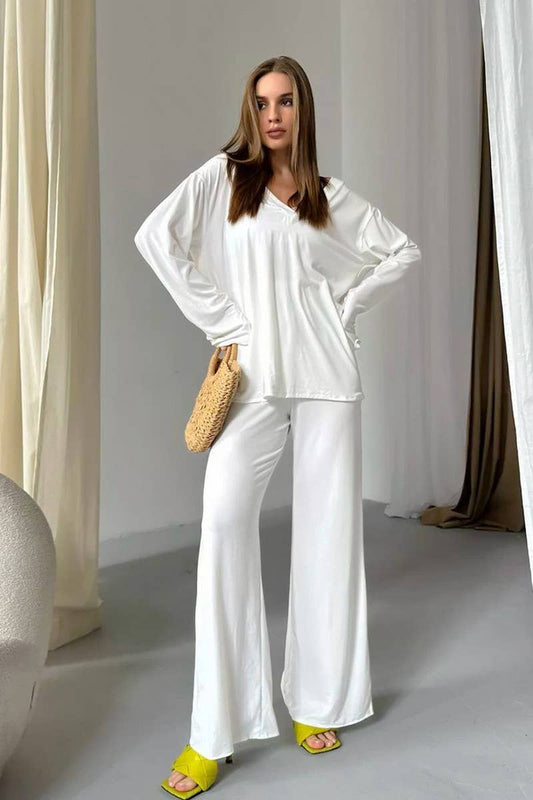 CWSPJ0322_KNITTED V-NECK LONG-SLEEVED TROUSERS PAJAMA SET