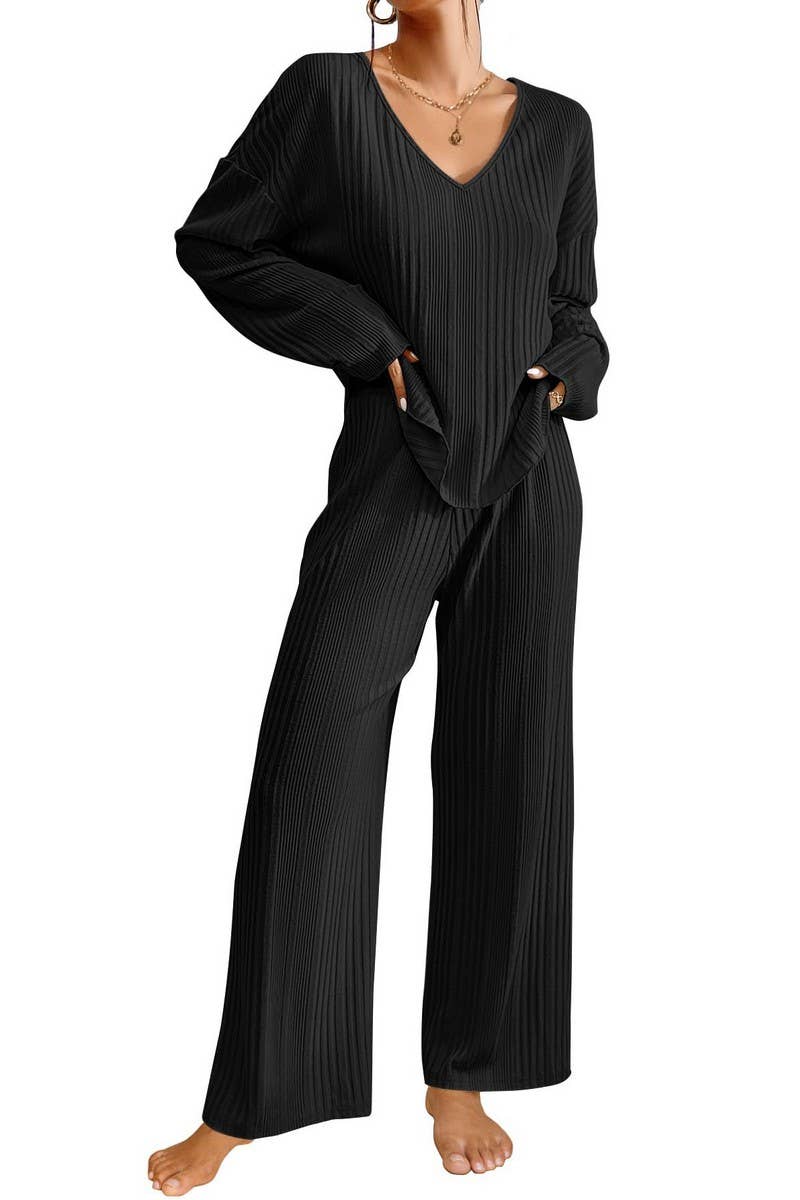 CWSTB2034_V-NECK KNIT TOP AND WIDE LEG PANTS SET